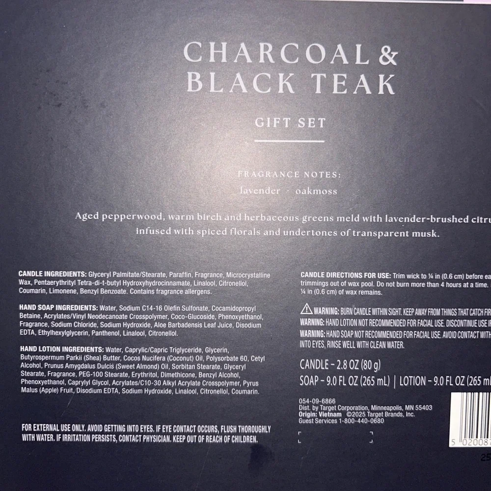 Charcoal & Black Teak Gift Set 3pc Lavender Oakmoss Hand Soap‎ Lotion Candle NEW